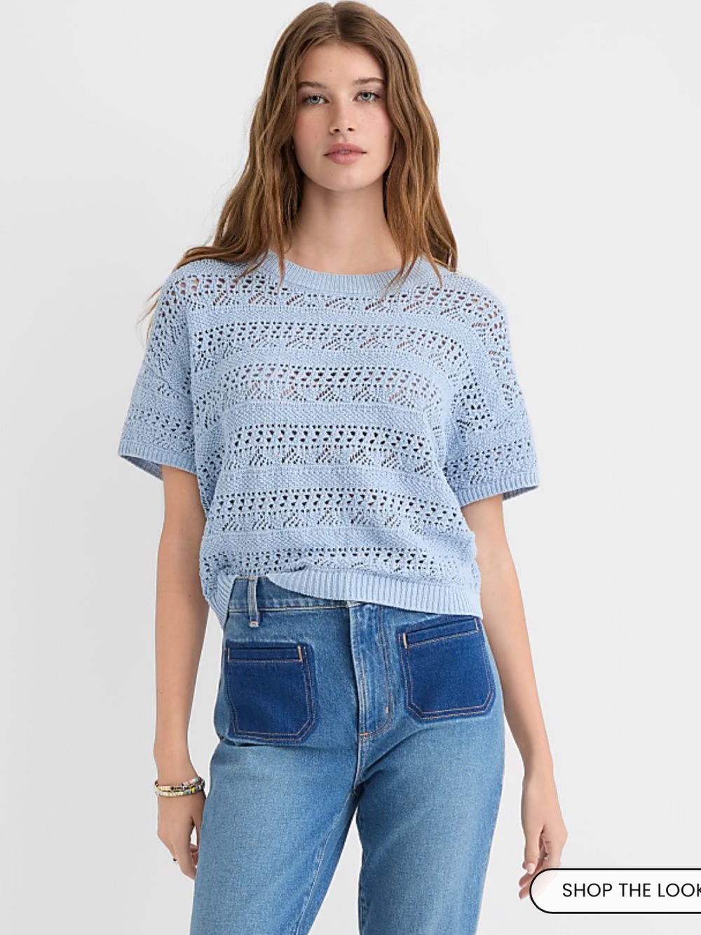 Loft light Blue Open-Knit Short Sleeve Sweater Top